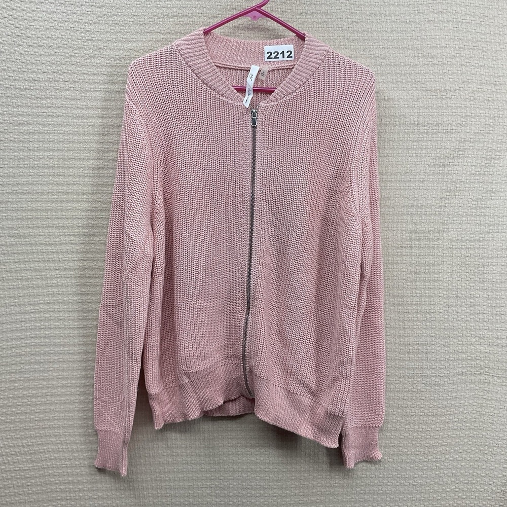 Ny Collection Pink Metallic Sweater Jacket Women's Size Large Rose/Silver Zip Up